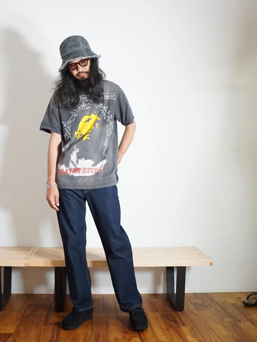 SAINT MICHAEL SS TEE/B FOR REAPER Jesus Hell's Angels Washed and Distressed Short Sleeves Washed Black S-XL Garment Dyed Printed Washed and Distressed